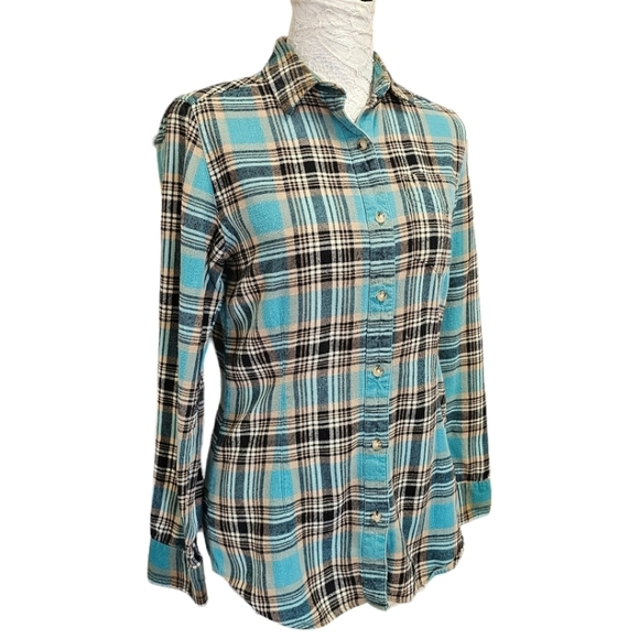Burton Cotton Plaid Flannel Button Up One Pocket Long Sleeve Shirt Aqua Small - Picture 1 of 11